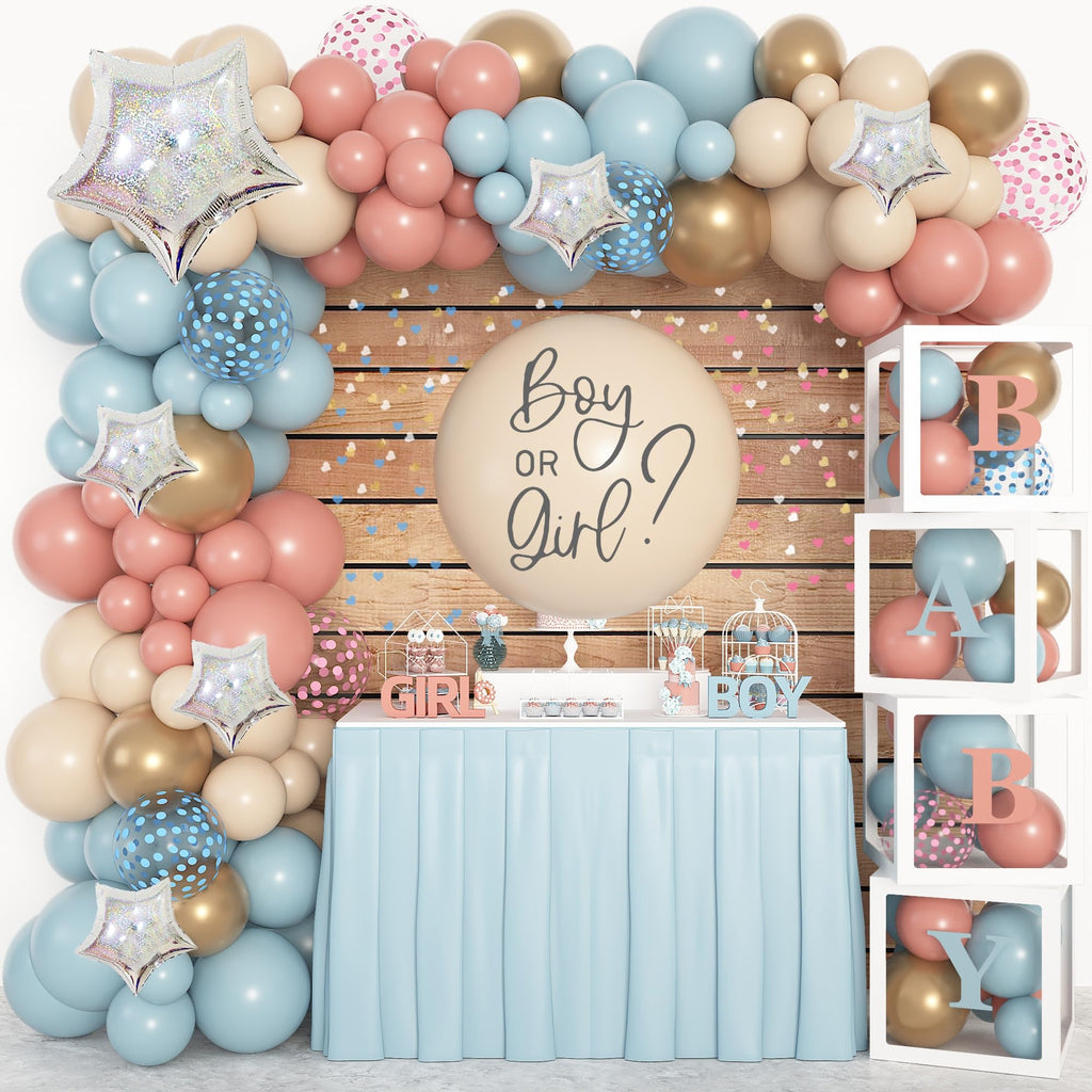 Amandir 164PCS Gender Reveal Balloon Boxes Decorations, Dusty Pink and Blue Balloon Garland Kit 4pcs Boxes with Letters (A-Z+ Baby) for Baby Shower Birthday Boy or Girl Gender Reveal Party Supplies