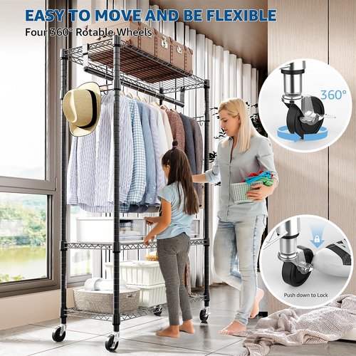 M MZG Heavy Duty Rolling Garment Rack 3 Tiers Adjustable Wire Shelving Clothes Rack with Rods and Side Hooks,Storage Closet Clothing Rack with Wheels Black 15.7" D x 29.5" W x 74.5" H