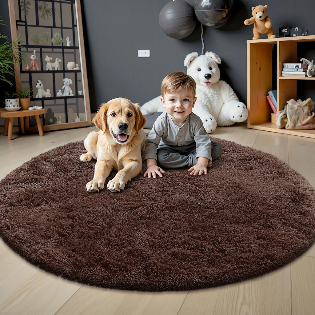 OLANLY Coffee Round Area Rug - Soft, Fluffy, Machine Washable 8 ft Circle Carpet for Bedroom & Living Room