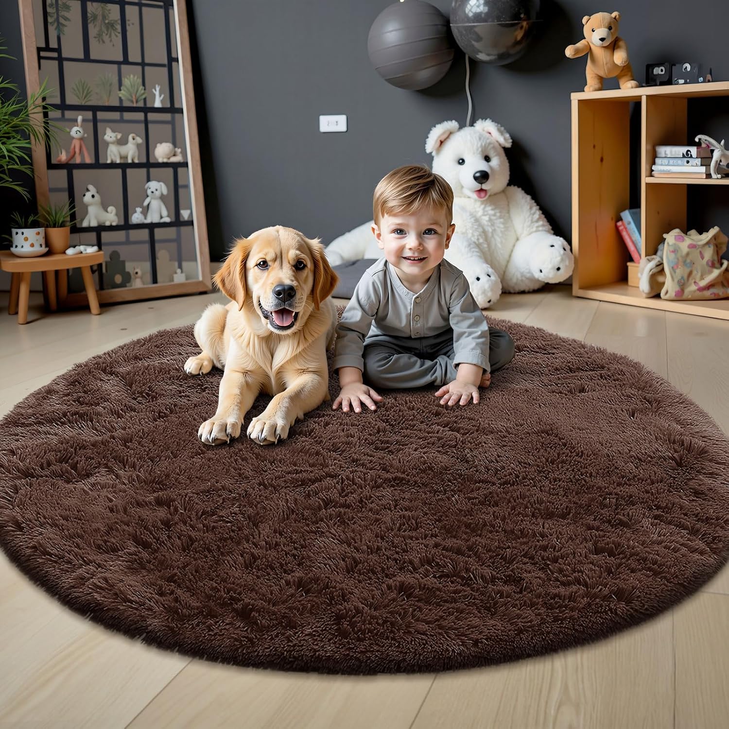 OLANLY Coffee Round Area Rug - Soft, Fluffy, Machine Washable 8 ft Circle Carpet for Bedroom & Living Room