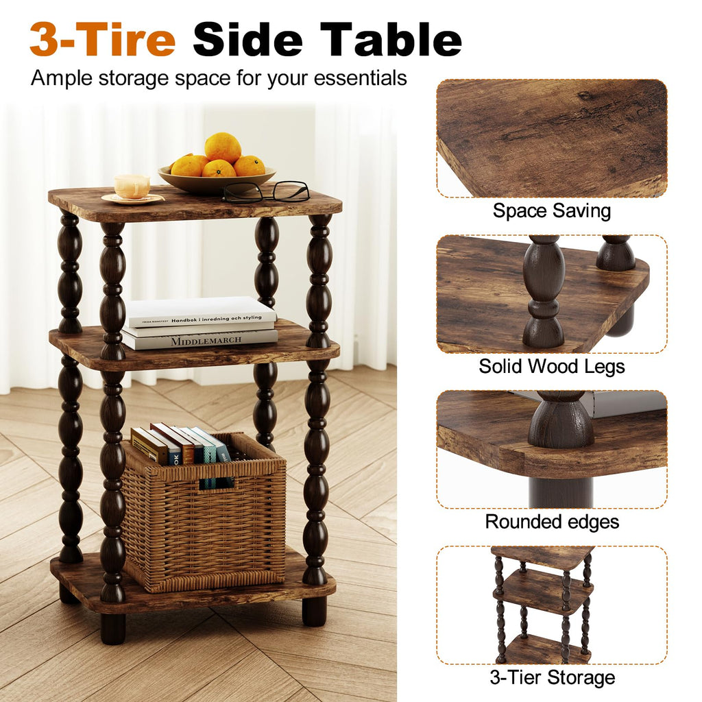 Retro End Table, 3-Tier Small Side Table, Narrow Couch Side Table for Small Spaces, Farmhouse End Table, Modern Accent Table, Skinny Bedside Table Nightstand for Bedroom, Living Room (Rustic Brown)