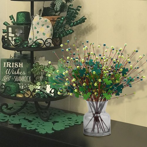 Lcuasc 8 Pack St. Patrick's Day Branches 16 Inch Artificial Shamrock Flower Picks Shamrock Berry Stems for St. Patrick's Day Home Centerpiece Decor (Green)