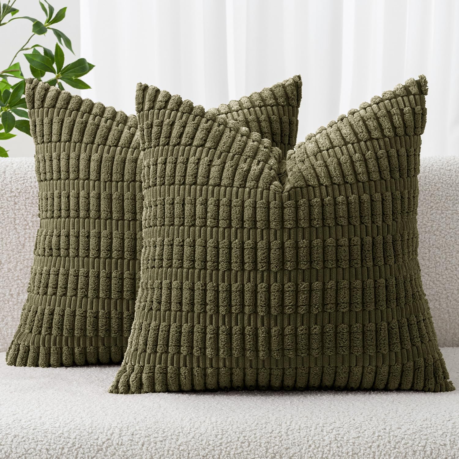 MIULEE Decorative Throw Pillow Covers - Soft Boho Striped Corduroy | 16x16 Inch Olive Green, Pack of 2