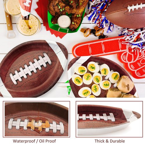 FULJOOY 60 Pcs 3D Football Paper Plates 11.5 x7.5 Inch Large Disposable 450 GSM Heavy Duty Football Shaped Plate Ball Party Supplies Serving Trays for Game Day Birthday Party and Sports Day Decor
