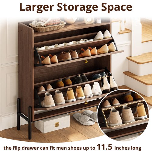 IRONCK Shoe Cabinet Storage with 2 Flip Drawers, Free Standing Wooden Shoe Storage Organizer Cabinet with Rattan Doors for Entryway, Narrow Shoe Rack Cabinet, Walnut