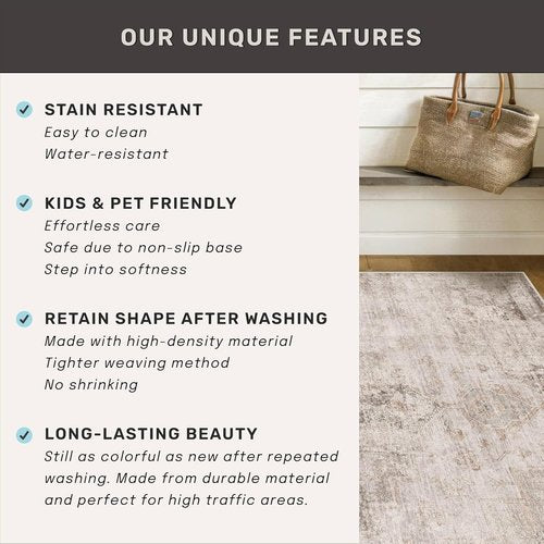 Hazo Haus Area Rug - Neutral Farmhouse Design, Washable 6x9 Size, Soft Textured Boho Decor, Fade & Stain Resistant