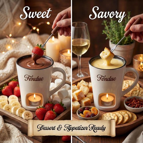 White Chocolate Fondue Mug with Tealight & Fork – Ceramic Single-Serve Fondue Cup for Chocolate & Cheese Dipping