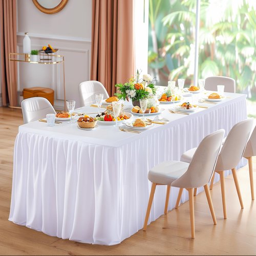 3 Pack White Polyester Table Clothes for 8 Foot Rectangle Tables, Wrinkle Free Fitted Table Cover with Pleated Ruffle Table Skirt for Birthday Party Wedding Trade Show Event Display