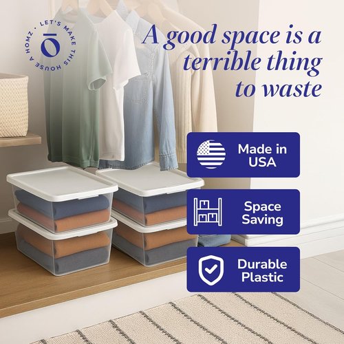 HOMZ Snaplock Storage Organizer Bins - 4-Pack Small Clear Plastic Containers with Lids, 12 Quart, White | Stackable for Home & Office Organization