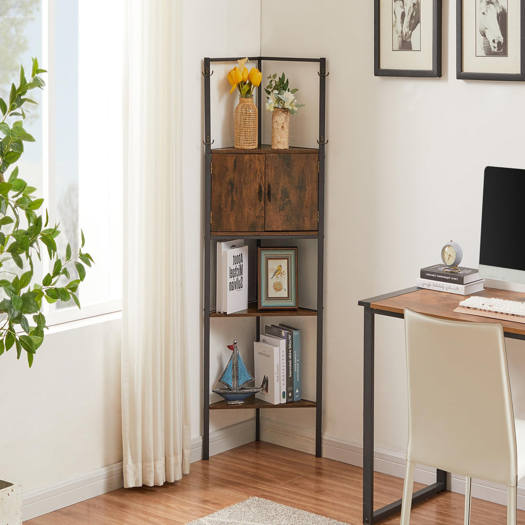VECELO 4 Tier Corner Cabinet, 59" Tall Standing Organizer with 4 Dual-Hooks, Storage Rack, Narrow Bookshelf Display Shelves Rack for Wall Corner, Living Room, Kitchen, Bedroom, Office, Retro Brown