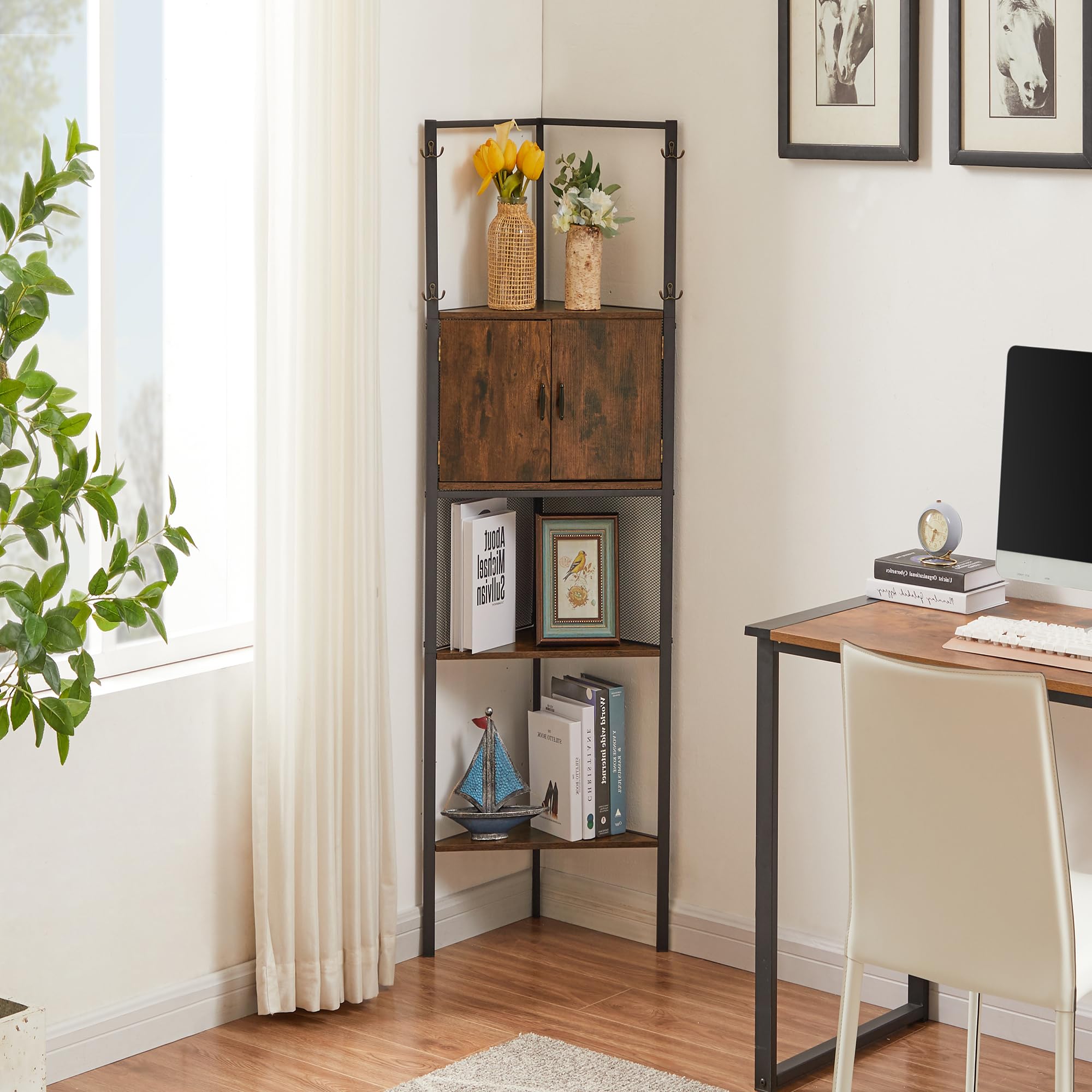 VECELO 4 Tier Corner Cabinet, 59" Tall Standing Organizer with 4 Dual-Hooks, Storage Rack, Narrow Bookshelf Display Shelves Rack for Wall Corner, Living Room, Kitchen, Bedroom, Office, Retro Brown