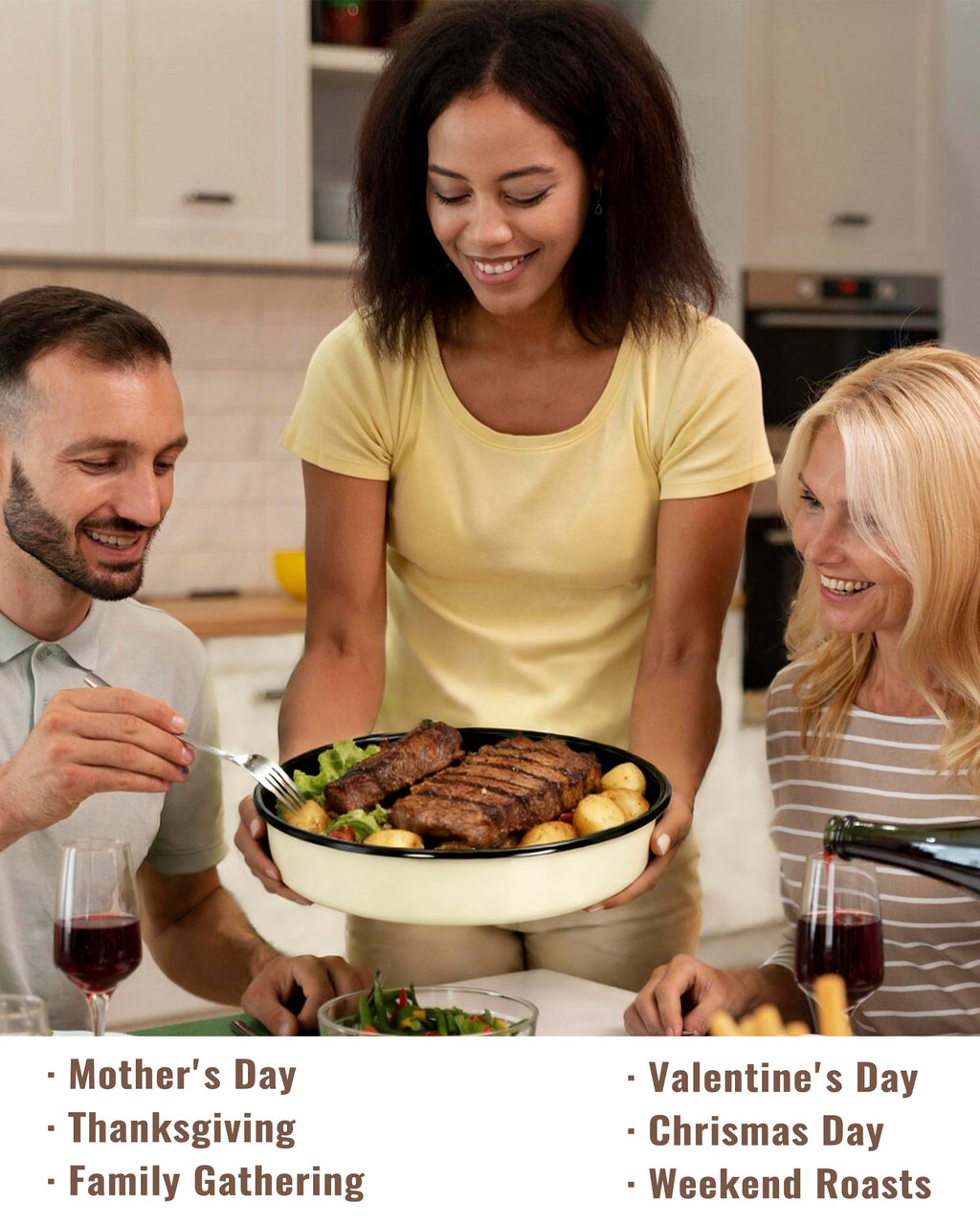 MCCSI Enamel Round Roasting Pan Set Baking Dish 4-Pack 9/10/12/14 Inch High Temperature Resistance Bakeware for Pizza Chicken, Oven Dishwasher Safe Birthday Mother Day Gift for Wife & Mom Cake Pan