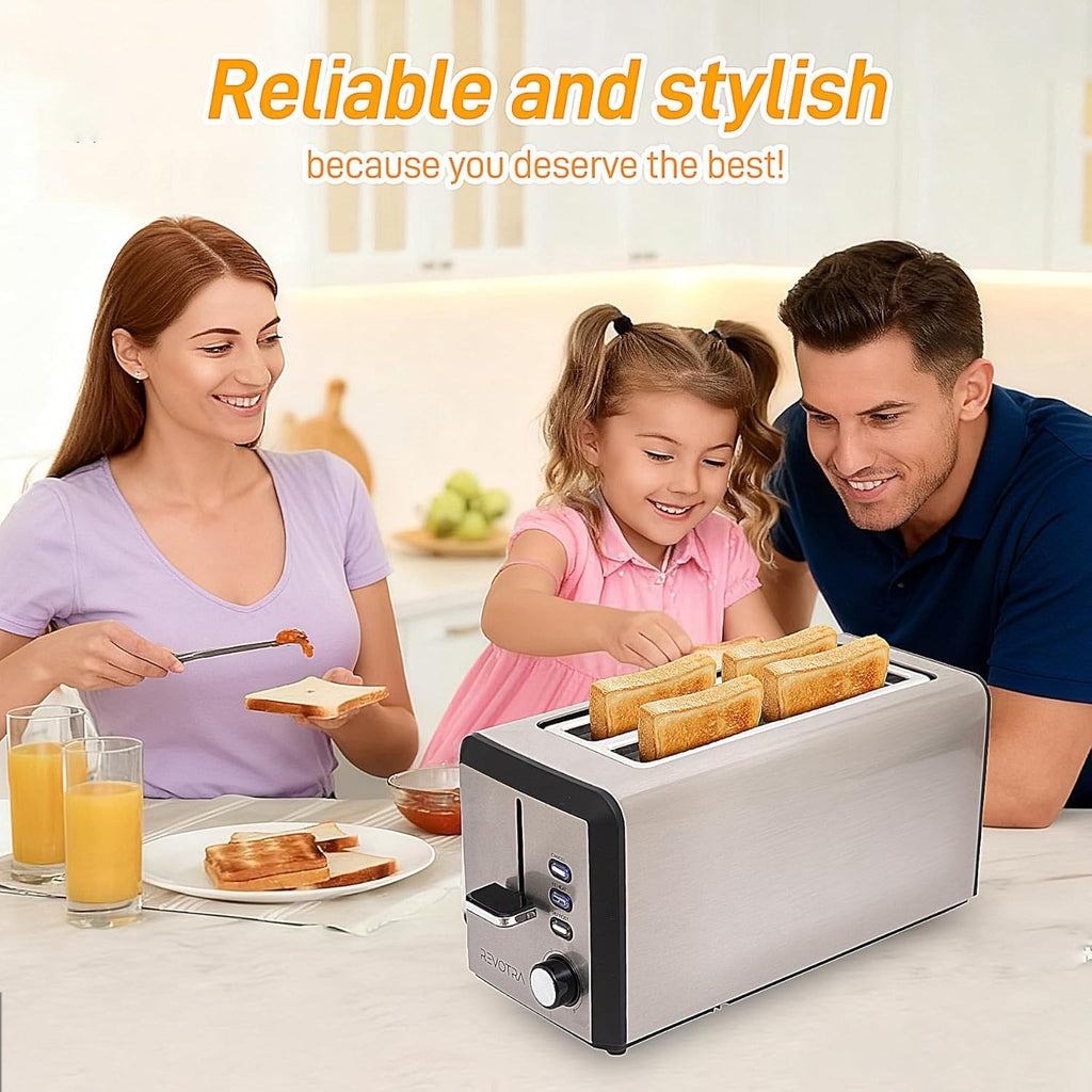 Regine Switzerland 4-Slice Stainless Steel Toaster - Extra Wide 1.5” Slots, 6 Shade Settings, Even Toasting