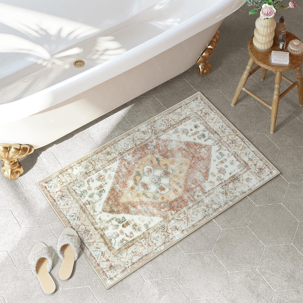 Uphome Boho Bathroom Rug Oriental Tribal Bath Mat Khaki Soft Shaggy Non-Slip Bathroom Mat Machine Washable Vintage Distressed Toilet Rug for Shower Sink Bathtub, 20x32 inch