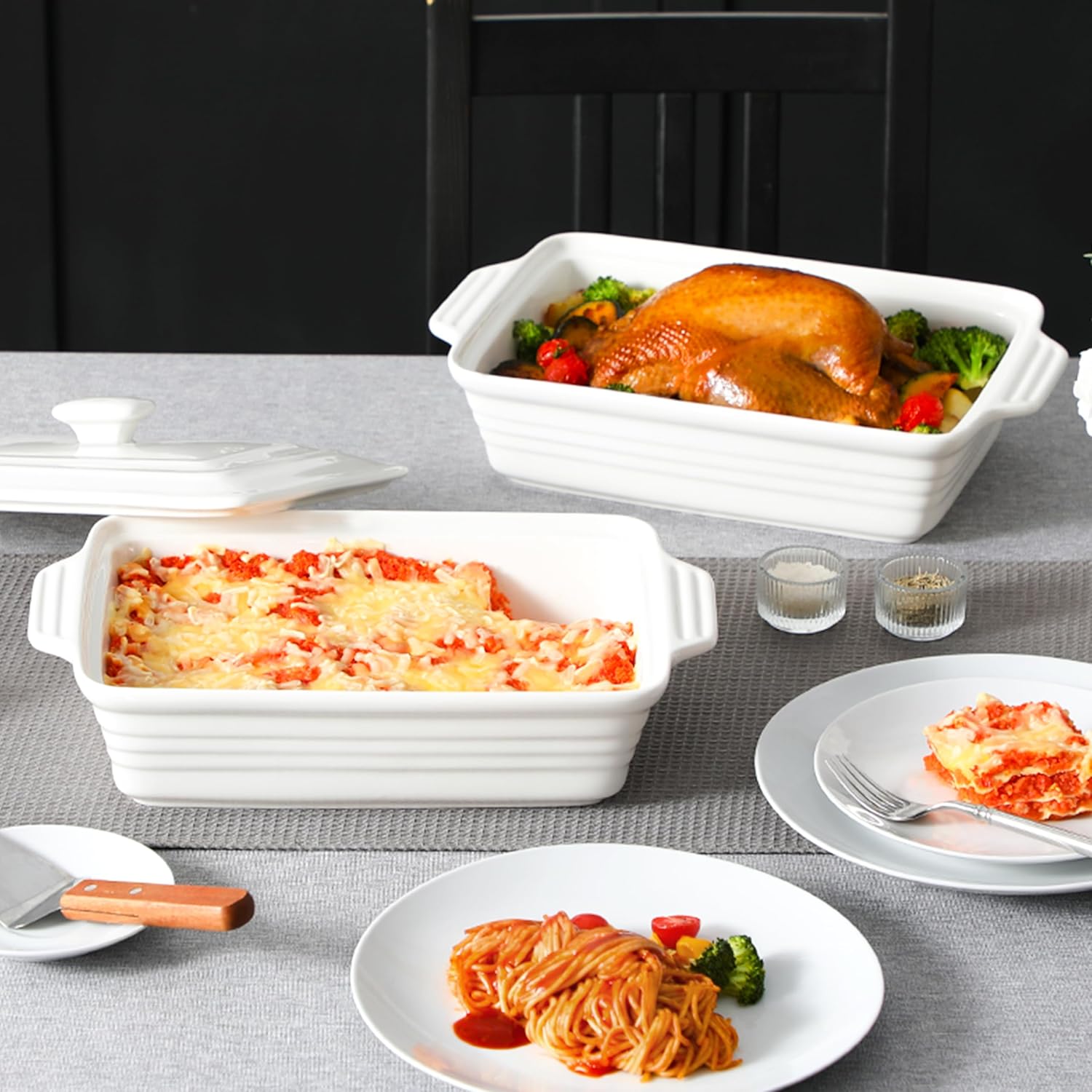 MALACASA Casserole Dish - 4.4 Qt Porcelain Baking Dish with Lid & Handles | Microwave Safe, White