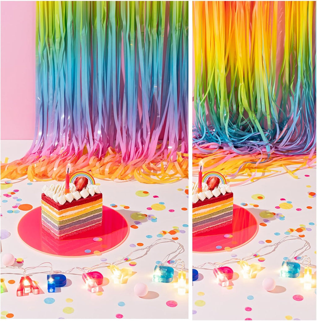 Pastel Rainbow Foil Fringe Curtain - Vibrant Party Backdrop for Birthday Decorations