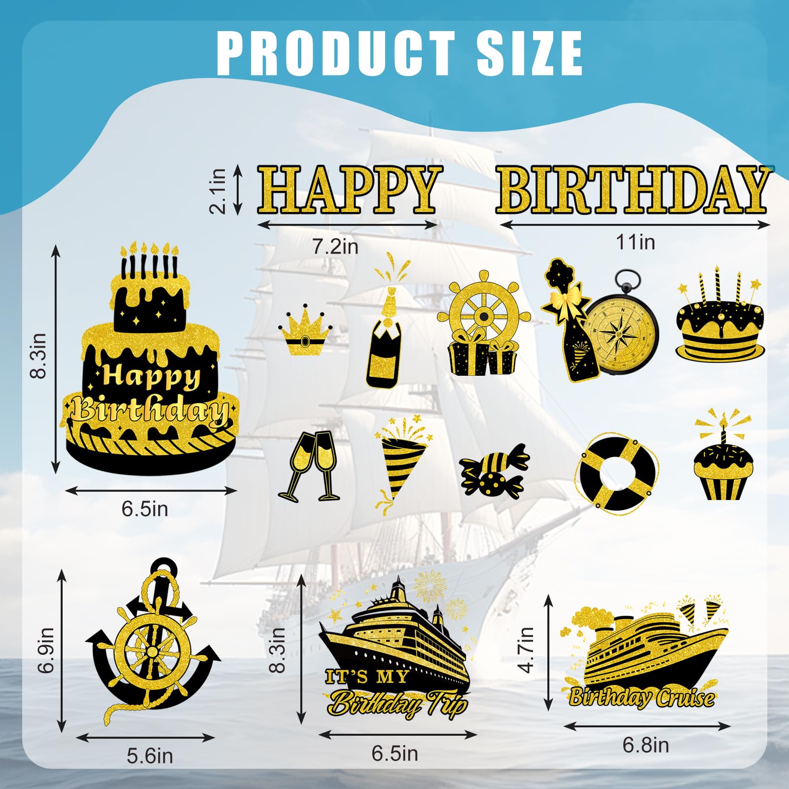 JarThenaAMCS Birthday Cruise Door Magnets Decoration Black Gold Happy Birthday Cruise Ship Magnetic Stickers for Cabin Ship Car Refrigerator Carnival Party Supplies, 16Pcs