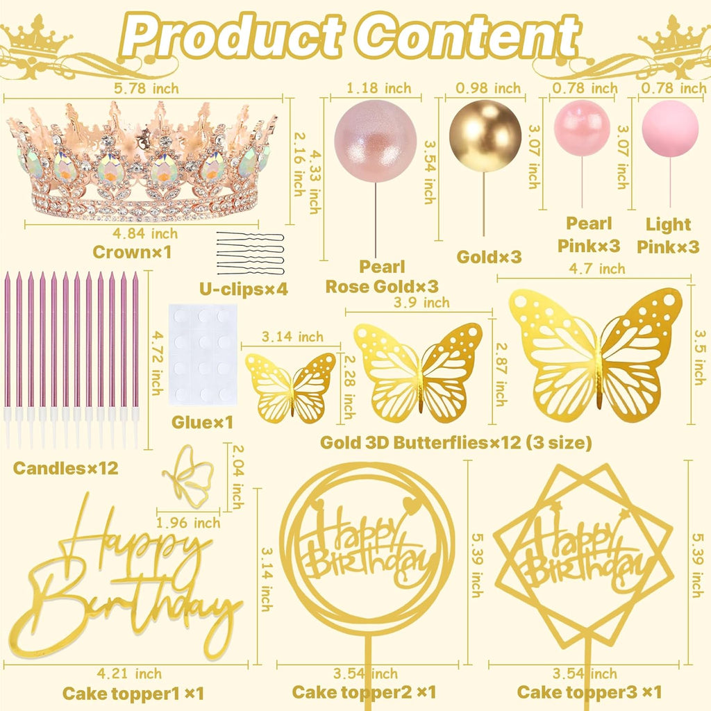 AMZVALU Crown Cake Topper Set - 3 Happy Birthday Decorations with Rose Gold Butterflies & Candles