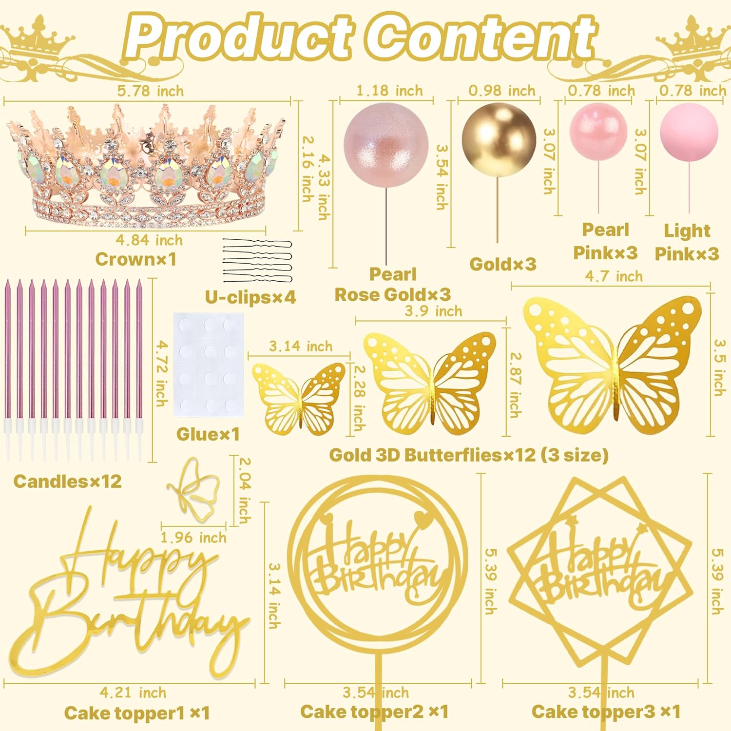 AMZVALU Crown Cake Topper Set - 3 Happy Birthday Decorations with Rose Gold Butterflies & Candles