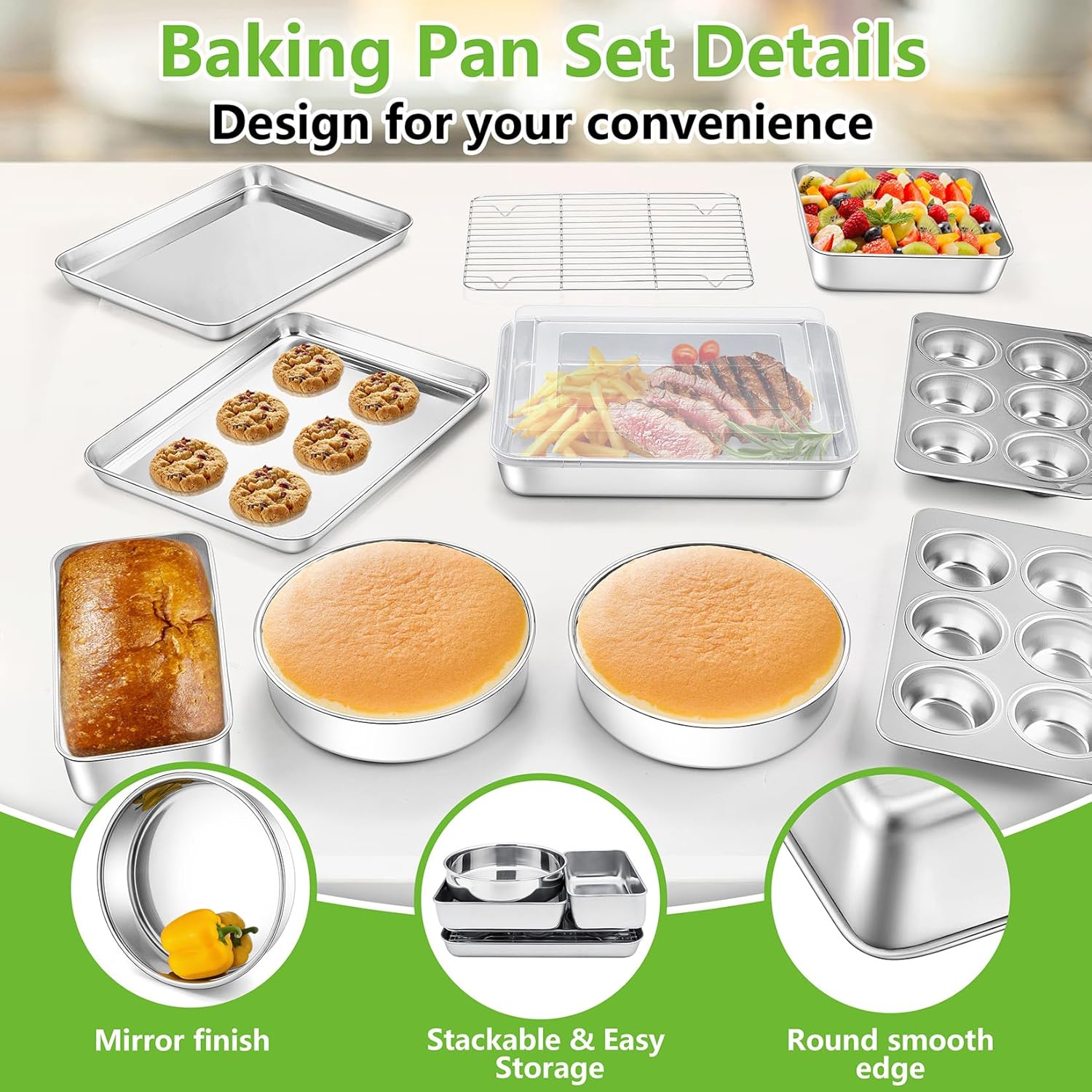 P&P CHEF Bakeware Set - 11-Piece Stainless Steel Baking Pans with Rack, Lasagna Pan, Cake Pans & More