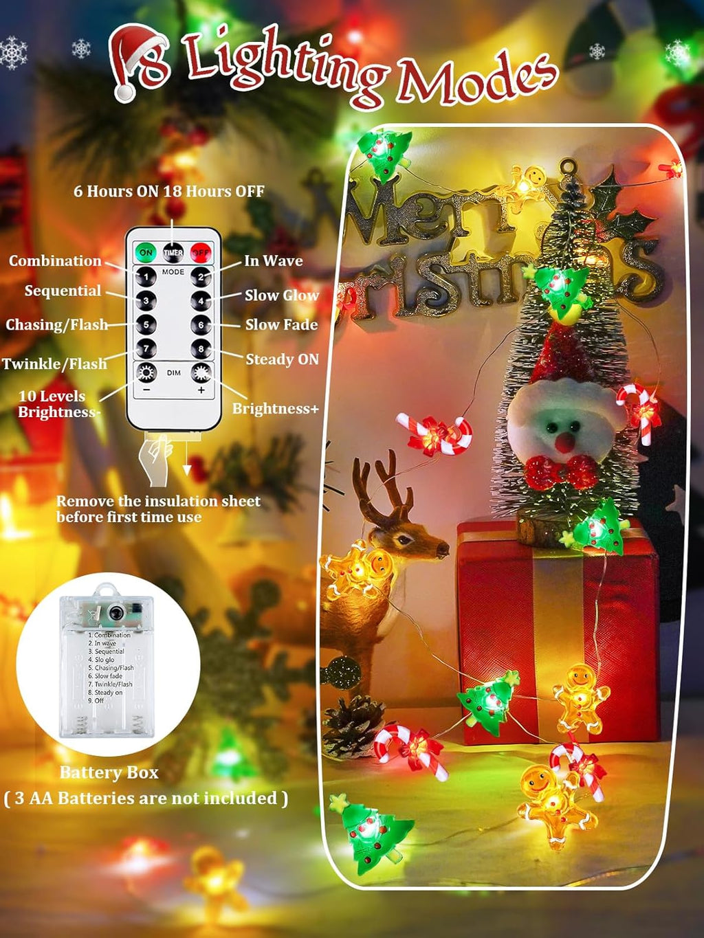 Skiennix Christmas String Lights - 10ft 30LED Fairy Lights with Remote & Timer | Gingerbread Man & Candy Cane Design