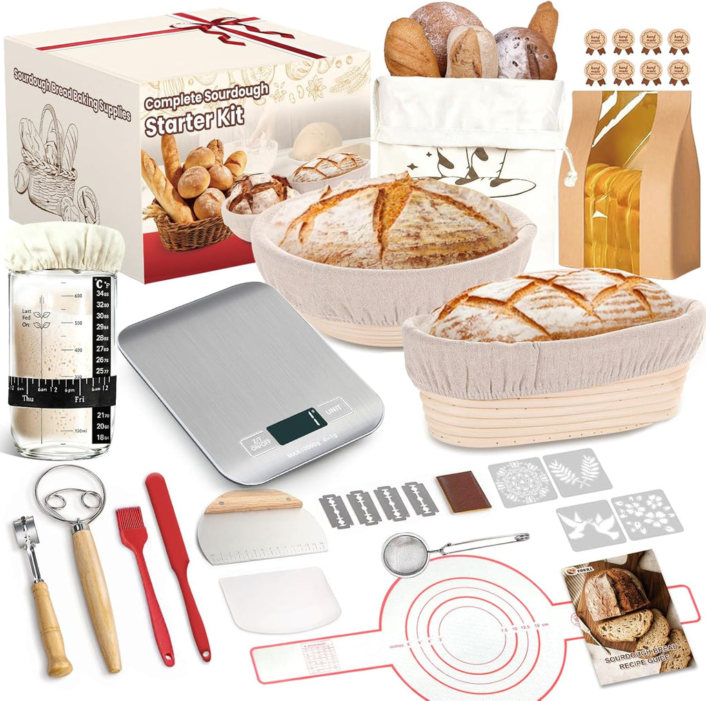 Skiennix Sourdough Starter Kit - Complete Baking Supplies with Scale, Glass Jar & Proofing Basket | Perfect Gift for Beginners