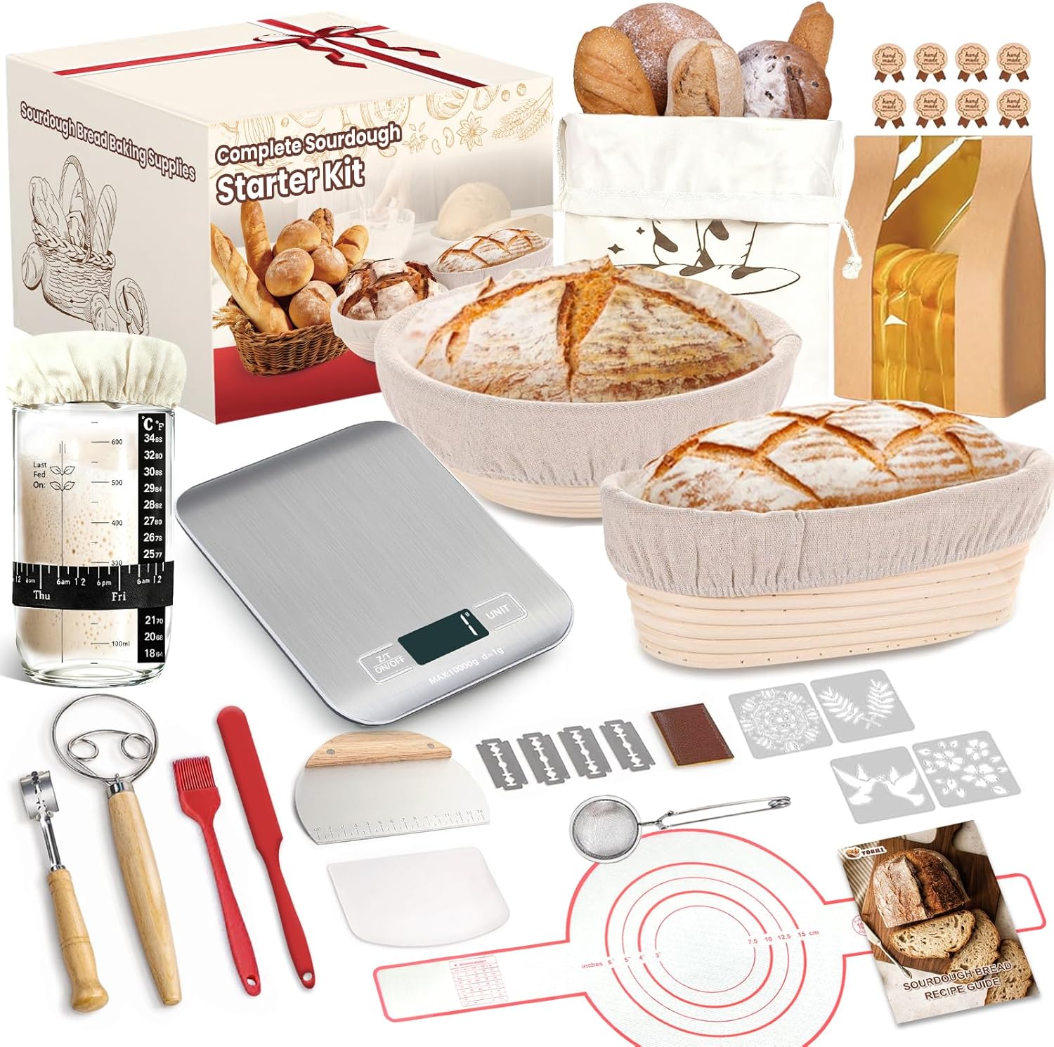 Skiennix Sourdough Starter Kit - Complete Baking Supplies with Scale, Glass Jar & Proofing Basket | Perfect Gift for Beginners
