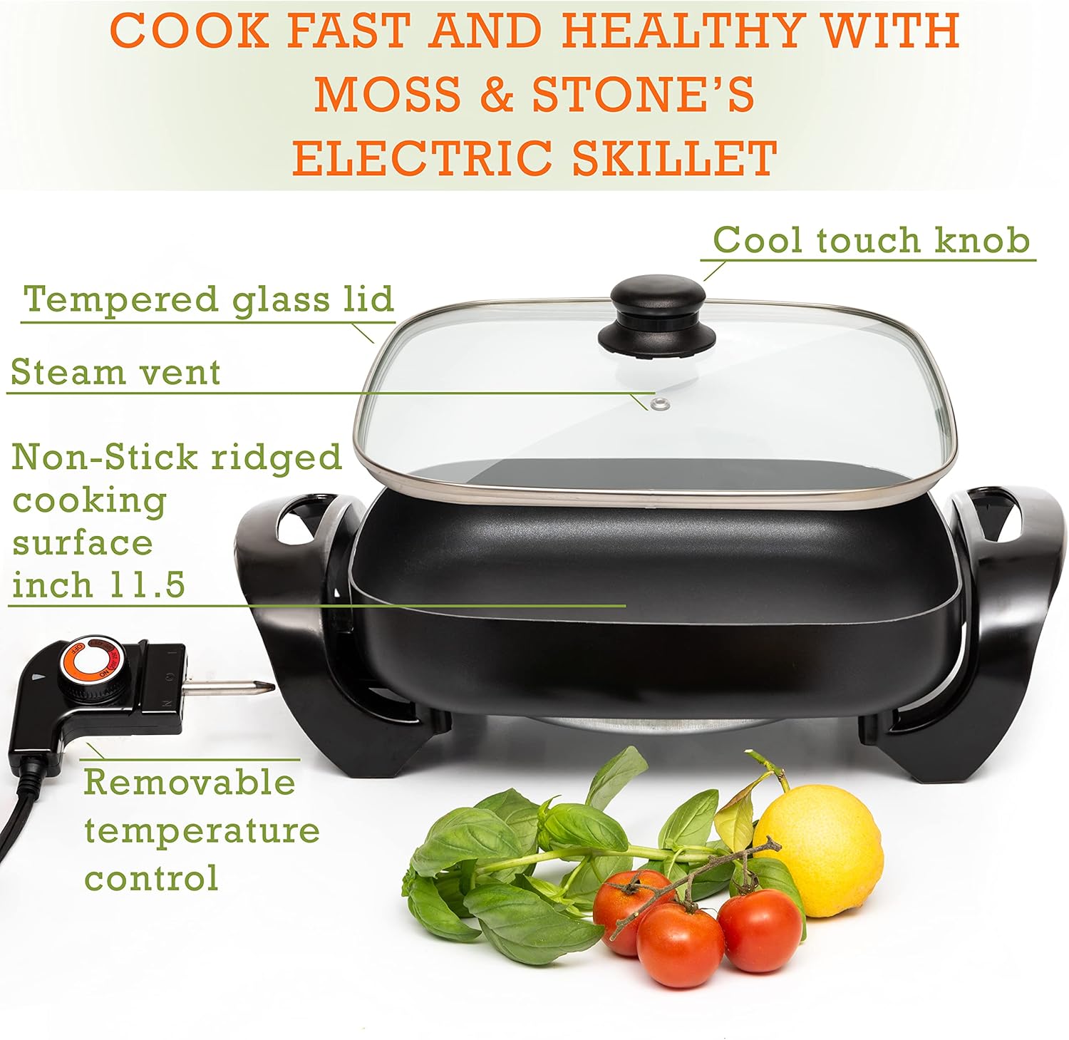 Moss & Stone Nonstick Electric Skillet - 12x12 Inch Aluminum Frying Pan with Vented Glass Lid & Adjustable Temperature Control