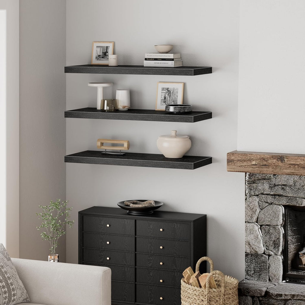 QEEIG 12" Deep Floating Shelves - Set of 3 Black Wall-Mounted Bookshelves for Bathroom, Bedroom & Kitchen