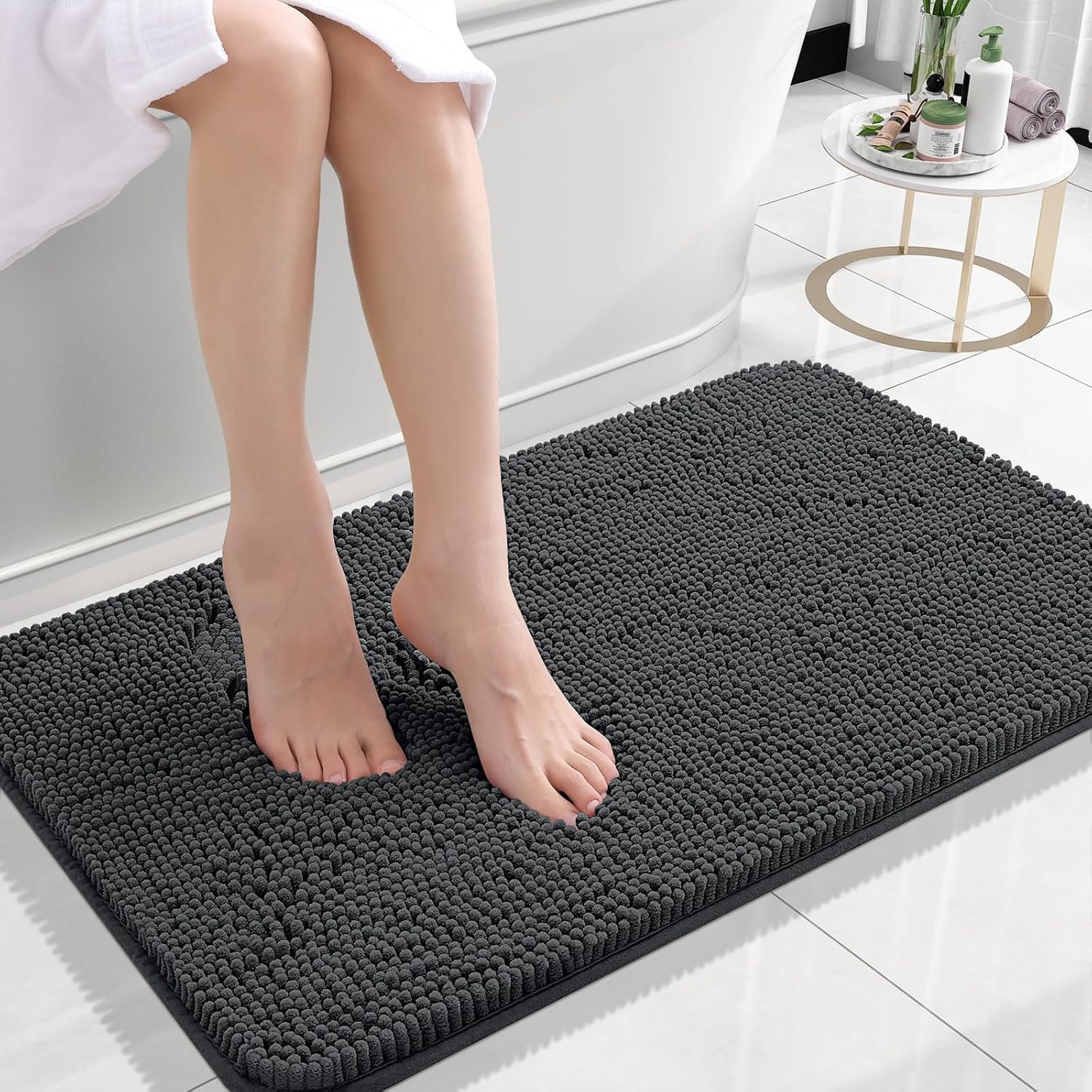OLANLY Small Bathroom Rugs - Extra Soft Chenille Bath Mats | Quick Dry, Machine Washable, Dark Grey 24x16