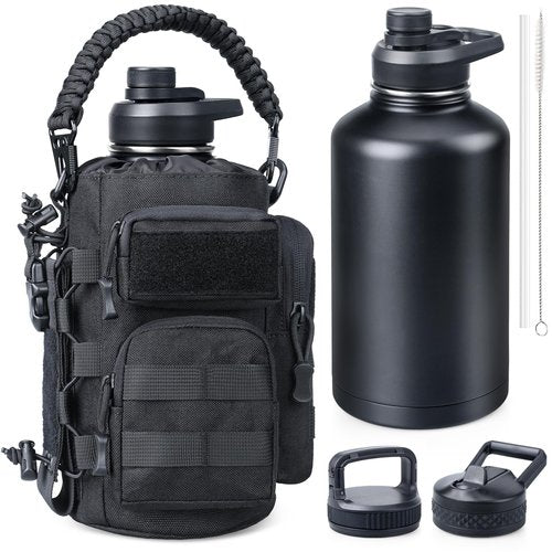 RXW 64 oz Insulated Water Bottle with Sleeve, Half Gallon Stainless Steel Tactical Water Jug Large Military Water Bottle with 3-IN-1 Pouch/3 Lids/Straw/Paracord Handle for Gym, Camping, Workout