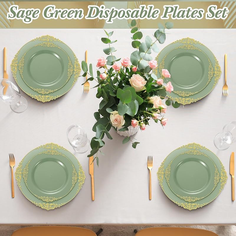 Umigy Sage Green Plastic Dinnerware Set with Gold Edges, 300 Pcs - Disposable Plates, Cutlery & Cups (Variation: Sage Green+300)