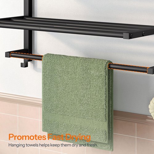 HOOBRO 23.8" Towel Rack for Bathroom, 3 Tier Towel Shelf with Tower Bars, Bathroom Storage Organizer for Towels and Toiletries, Towel Holder Wall Mounted with 2 Hooks, Black BK08LB01