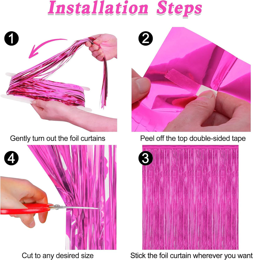 Skiennix Hot Pink Party Decorations - 3.28 FT x 7.05 FT Metallic Rose Red Backdrop & Tinsel Curtains