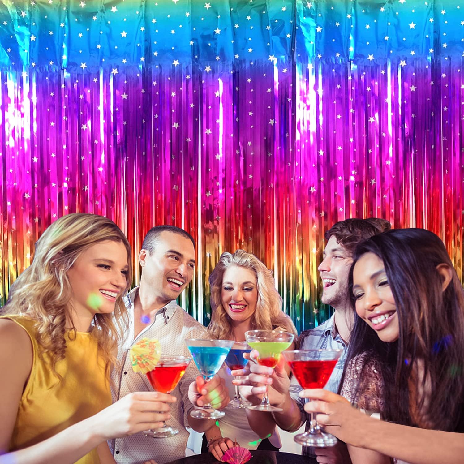 Rainbow Tinsel Foil Fringe Curtains - 2 Pack Metallic Streamers for Party Decorations | 3.3x6.6ft