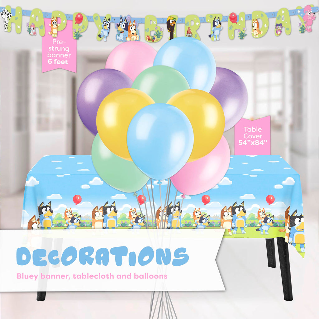 Bluey Birthday Decorations Girl Party Supplies for 16 - Bluey Party Decorations with Banner, Tablecloth, Balloons, Plates, Napkins, Forks, Sticker - Officially Licensed
