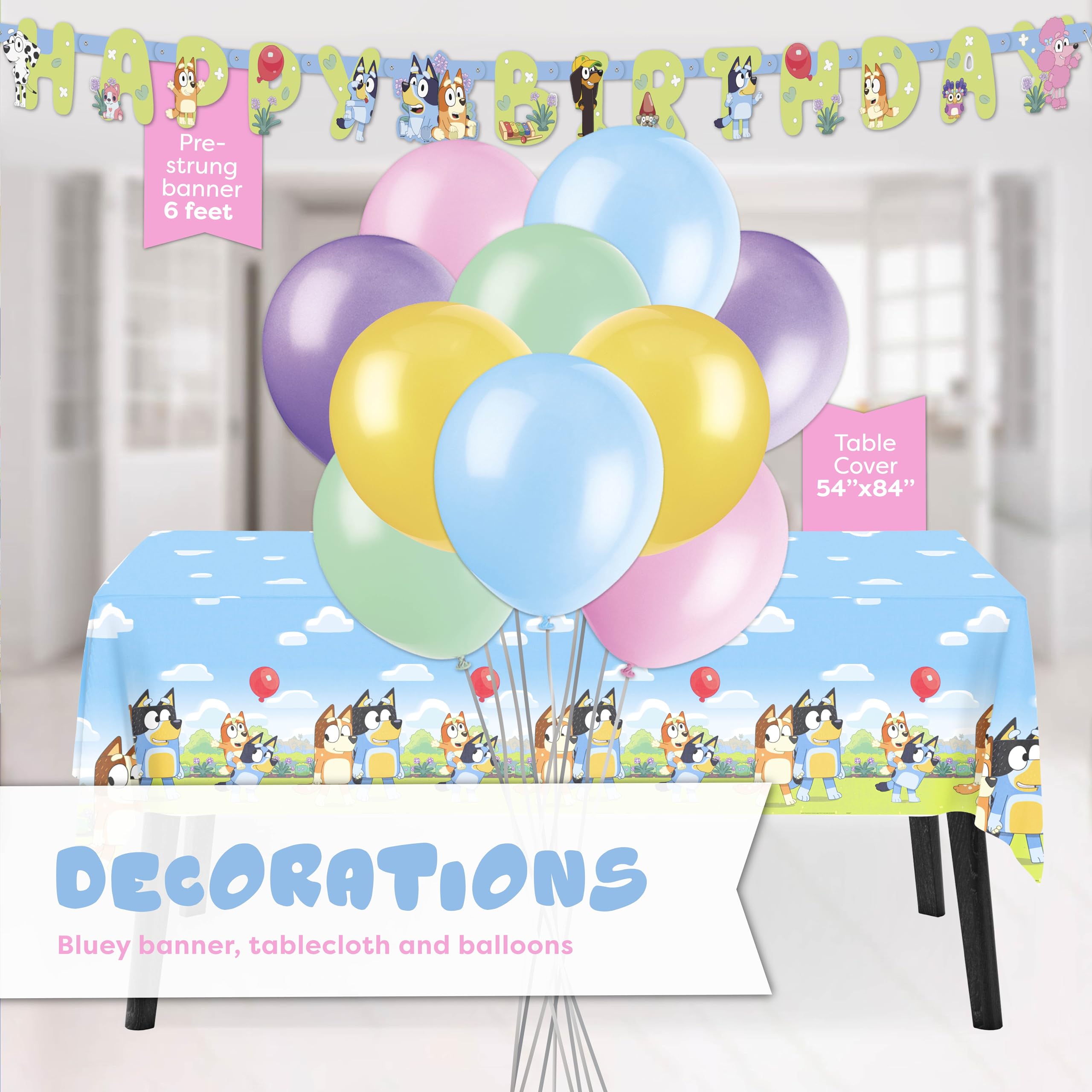 Bluey Birthday Decorations Girl Party Supplies for 16 - Bluey Party Decorations with Banner, Tablecloth, Balloons, Plates, Napkins, Forks, Sticker - Officially Licensed
