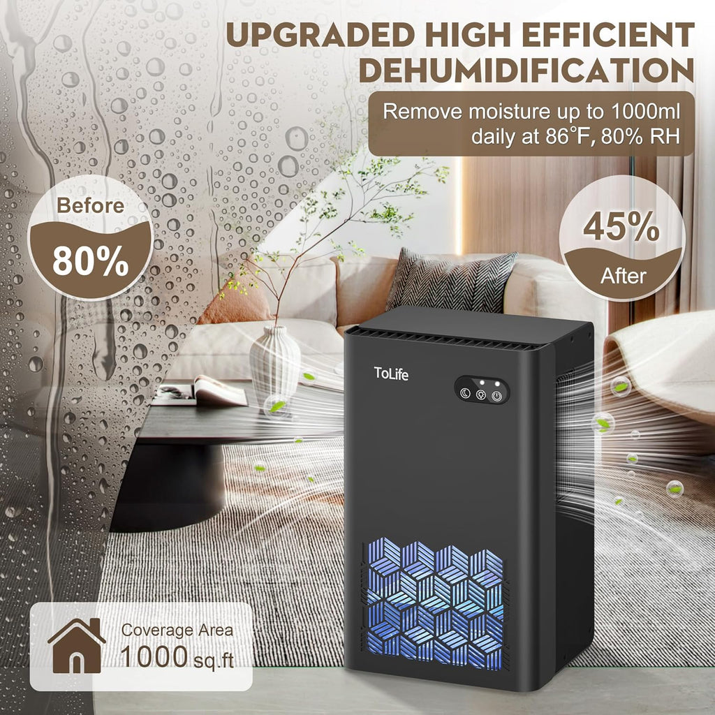 ToLife Dehumidifier - 1000 Sq.Ft Home Dehumidifier with 95 OZ Tank & Auto Shut Off | Black