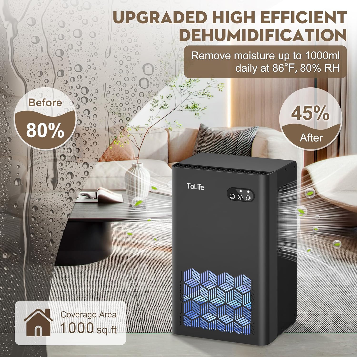 ToLife Dehumidifier - 1000 Sq.Ft Home Dehumidifier with 95 OZ Tank & Auto Shut Off | Black