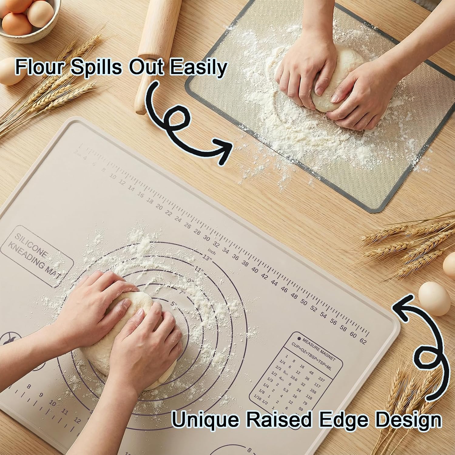 Skiennix Silicone Pastry Mat - Extra Thick Non-Stick Baking Mat with Measurements | 28" x 20" | Beige