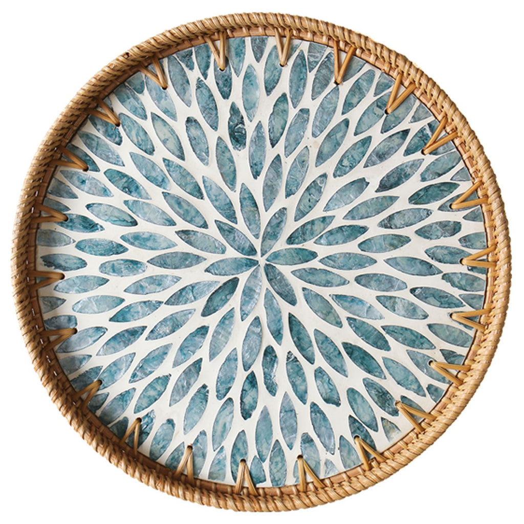 Aayoruro Round Rattan Tray with Mother of Pearl Inlay, Decorative Wicker Serving Tray with Wooden Base, Woven Basket Trays for Bread Fruits Coffee, Light Blue