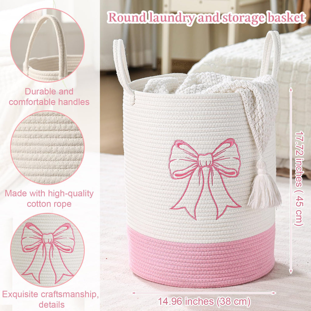 Honeydak 15'' x 18'' Pink Bow Cotton Rope Laundry Basket Hamper Large Laundry Basket Hamper Coquette Bow Room Decor Girls Girly Nursery Storage Bin Tall Round Organizer Blanket Toys Clothes(Bowknot)