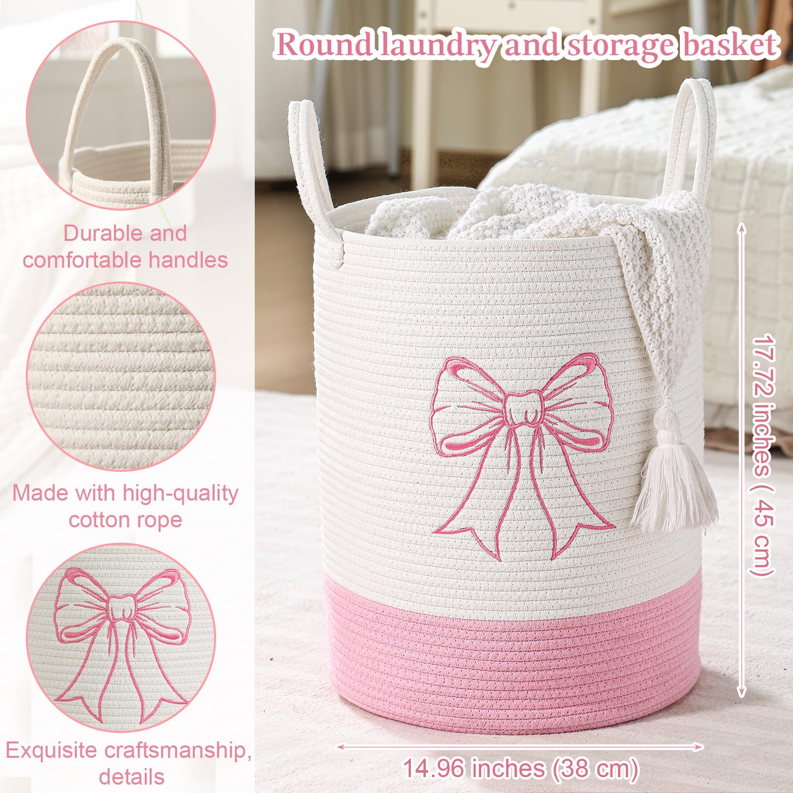 Honeydak 15'' x 18'' Pink Bow Cotton Rope Laundry Basket Hamper Large Laundry Basket Hamper Coquette Bow Room Decor Girls Girly Nursery Storage Bin Tall Round Organizer Blanket Toys Clothes(Bowknot)