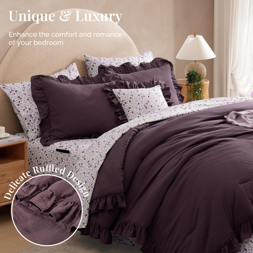 BLOOMHAVEN Queen Comforter Set - 7 Pieces Ruffle Purple Bedding Sets, Shabby Chic Farmhouse Bed in a Bag Queen with Ruffle Comforter, Floral Sheets, Pillowcases & Shams