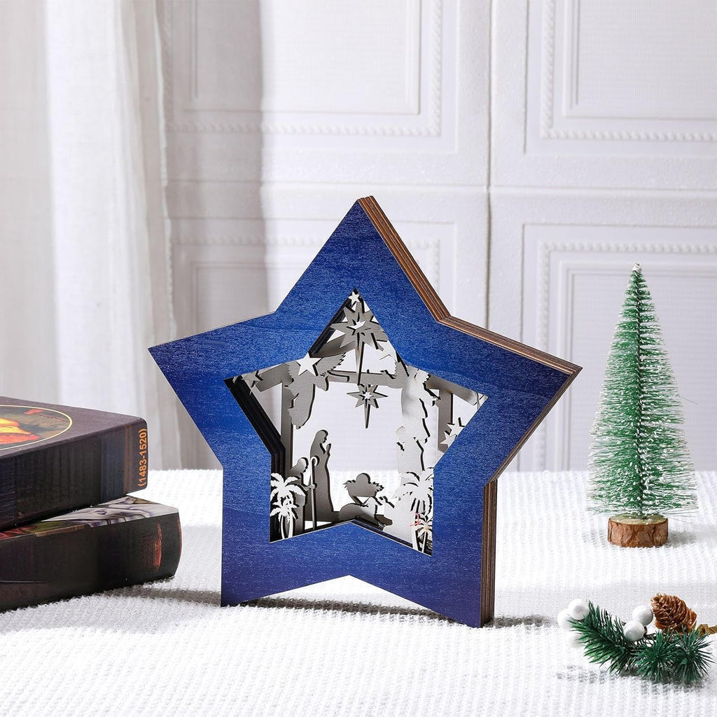 Skiennix Wooden Nativity Scene Set - Rustic Christmas Tabletop Decoration with LED Lights | Blue & White