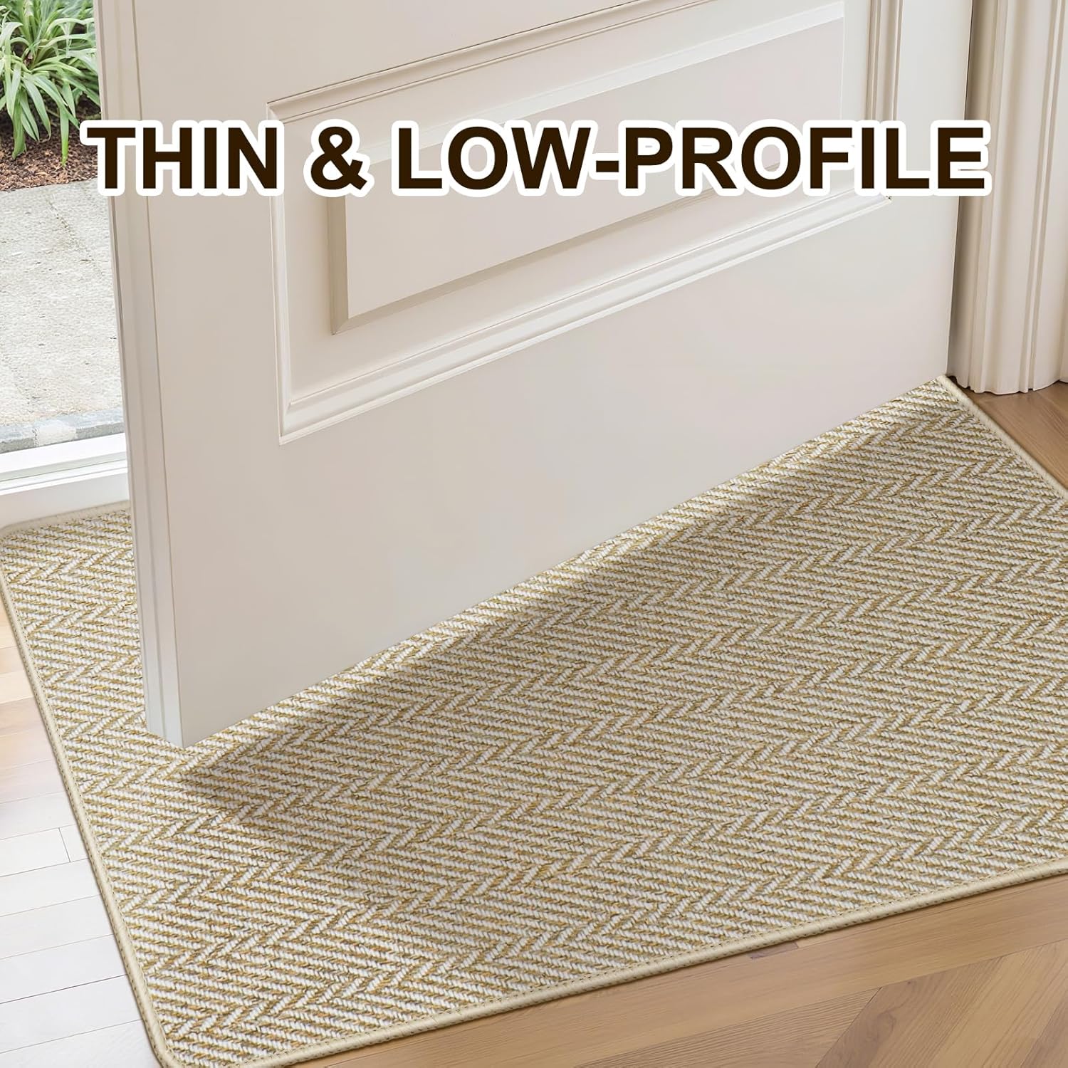 Skiennix Ultra Thin Indoor Door Mat - Non-Slip Herringbone Design | 24"x36", Beige Entryway Mat