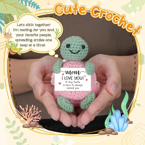 HEXMOZ Mother's Day Gifts | Sentimental I Love You Mom Gift - Pink Turtle Crochet with Positive Card
