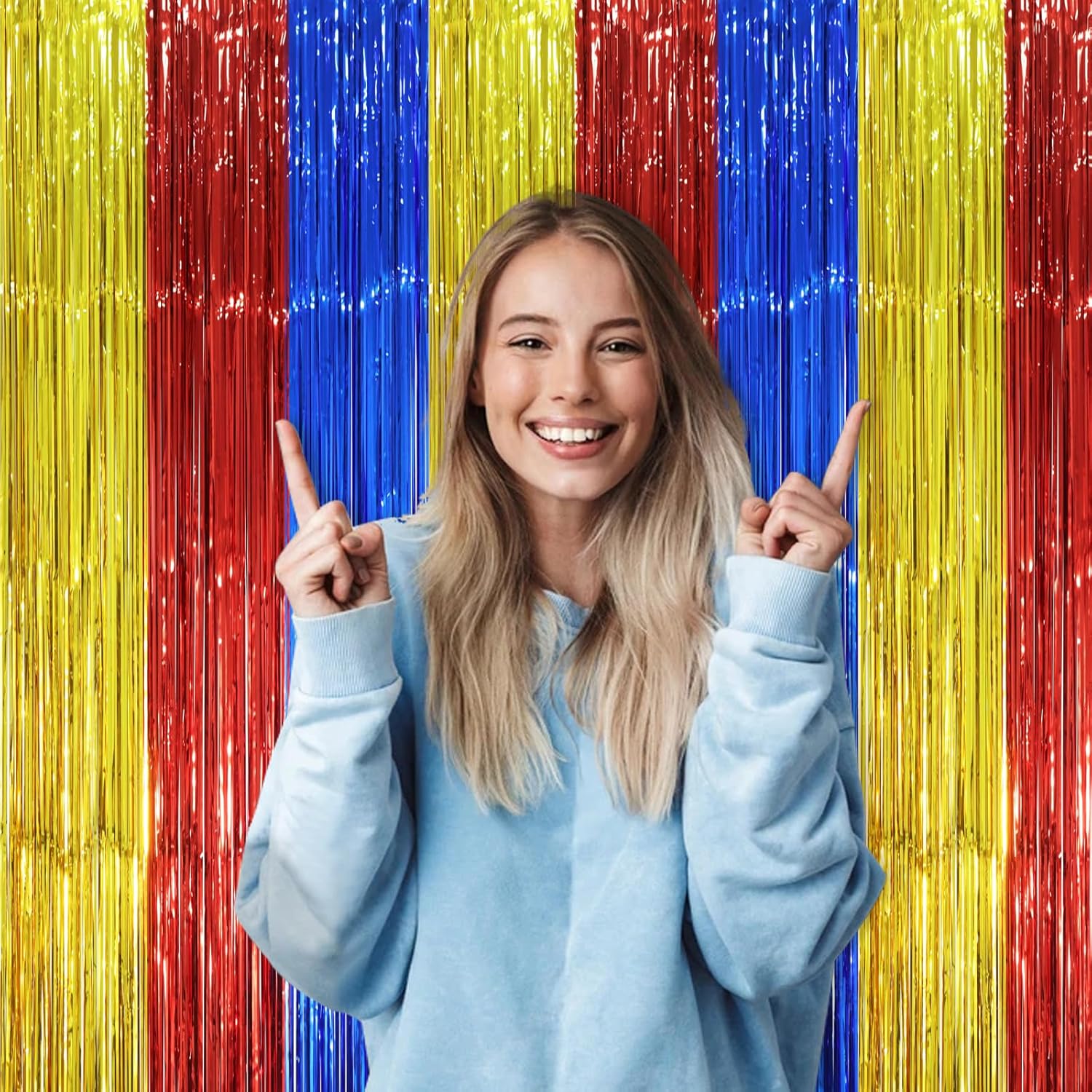 Voircoloria Fringe Backdrop Curtains - 3 Pack Tinsel Streamers in Blue, Red & Gold | 3.3 x 8.2 ft Party Decorations