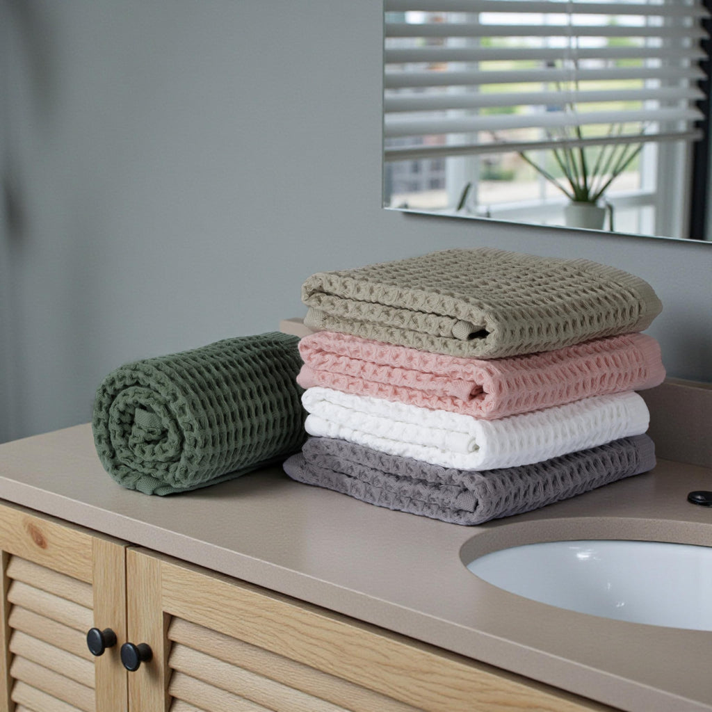 DEMMEX Organic Cotton Waffle Turkish Hand Towels for Bathroom & Kitchen, Large 20x30 in, 100% Oeko-TEX Certified Ultra Soft Turkish Cotton, Lightweight Quick Dry Waffle Weave, Set 2 (Crisp White)