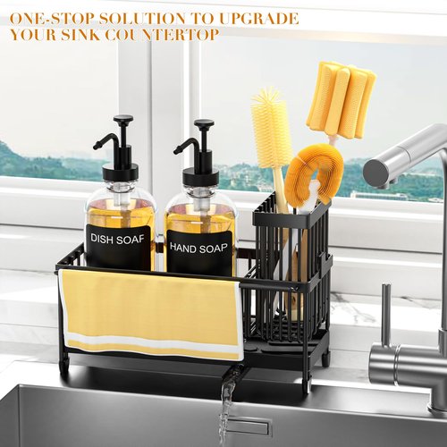 Kitchen Soap Dispenser Set with Sponge Holder and Towel Rack, 17OZ Glass Bottle, Hand and Dish Soap Dispenser Set, Non-Slip Silicone Pad, Brush Holder, Kitchen Sink Caddy Organizer Countertop